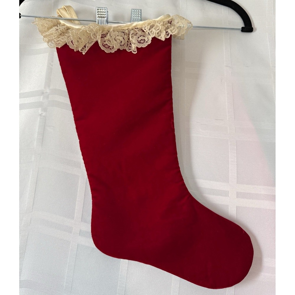 Rennoc Vintage 1982 Red Velvet Christmas Stocking w/ Lace & Satin Hanging Loop